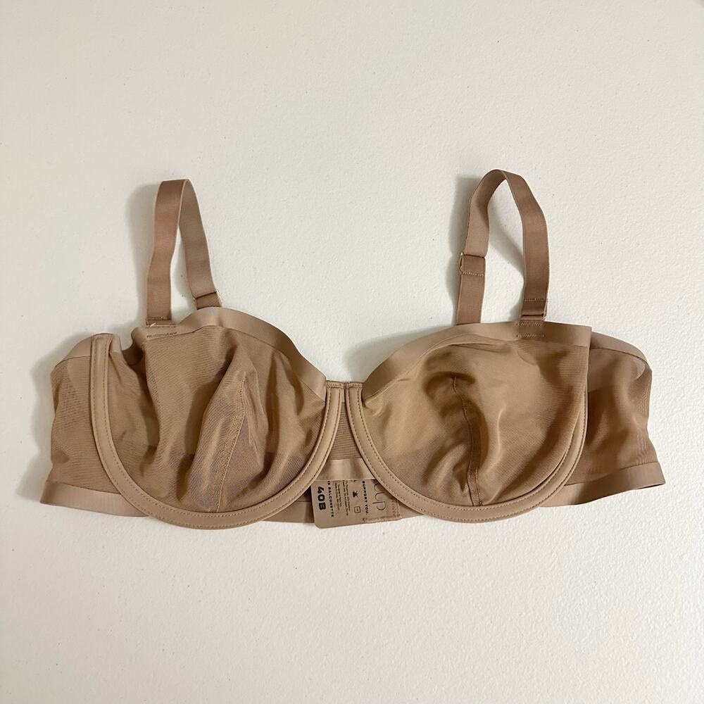 CUUP The Balconette Bra Tan Sheer Mesh Adjustable Underwire Lingerie